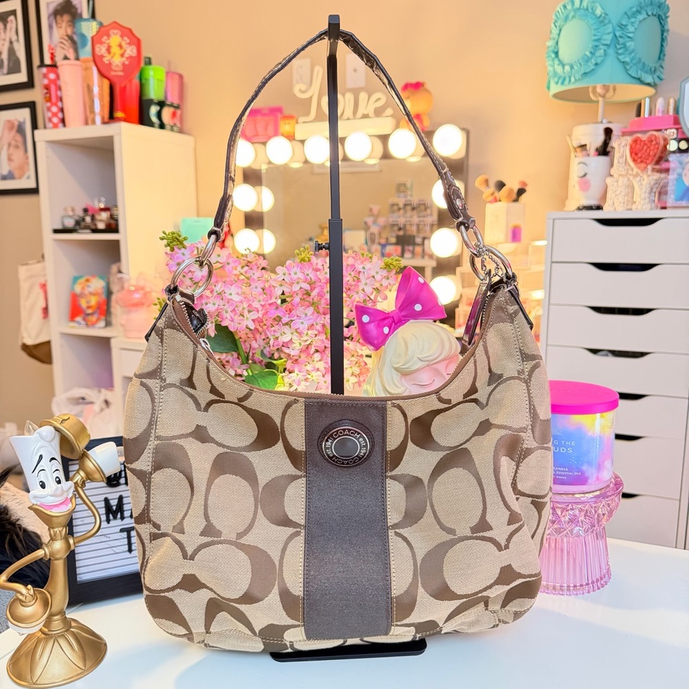 Coach Signature Stripe Jacquard Hobo (Style F1928) Khaki/Brown Y2K
